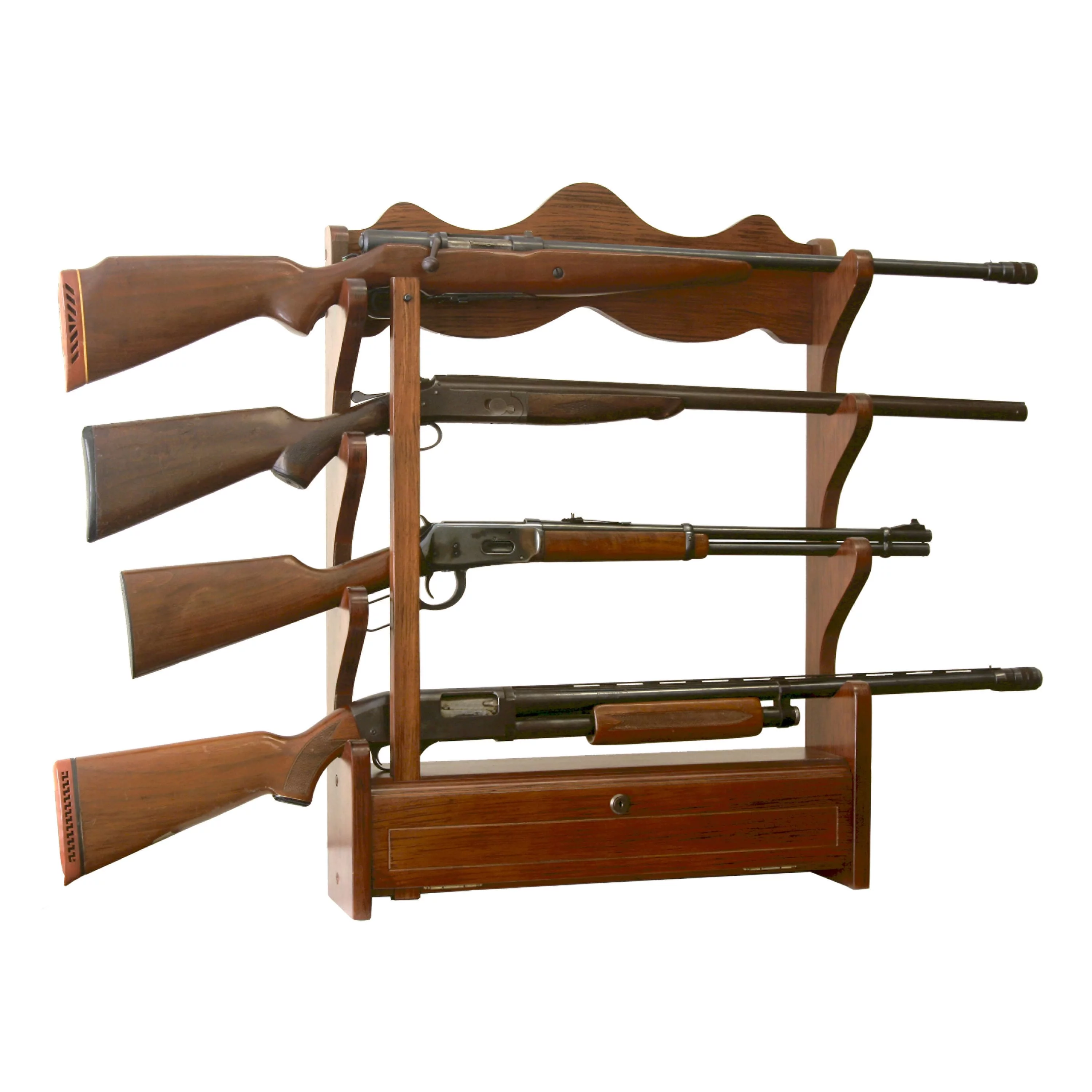 American Furniture Classics  Model 840, 4 Gun Wall Rack in solid brown pine with locking compartment