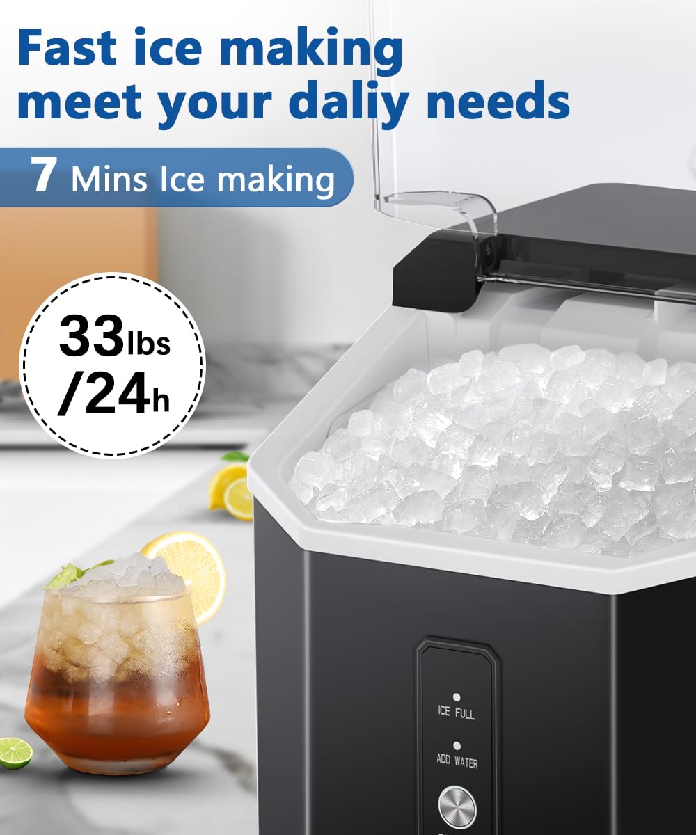 Joy Pebble Ice Maker Countertop, 10,000pcs/33lbs/Day, Portable Handheld Nugget Ice Maker Machine with Handle, Self-Cleaning, Ice Scoop and Basket for Kitchen/Home/Office/Party