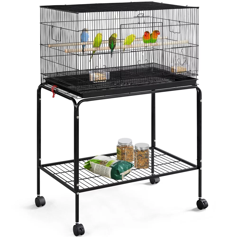 Yaheetech 47''H Flight Cage with Rolling Stand Extra Space Slide-out Tray Wood Perches, Black