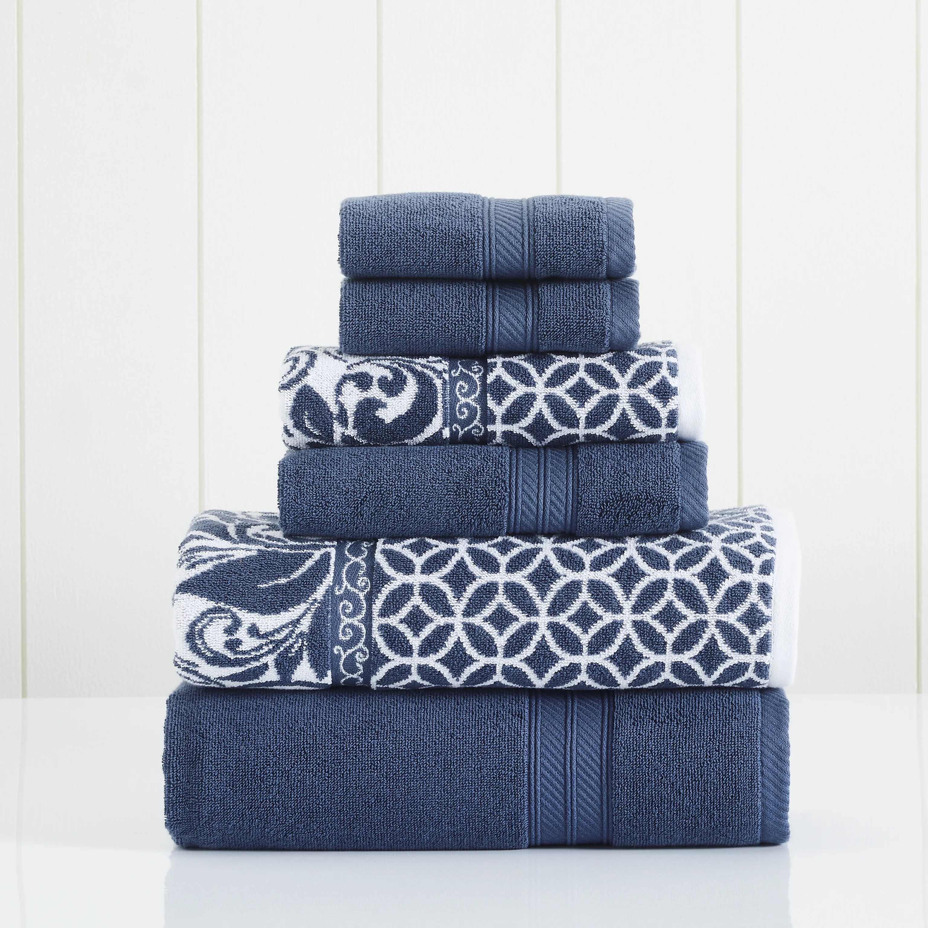 Pacific Coast Textiles Trefoil Filigree 6-Piece Cotton Bath Towel Set, Indigo