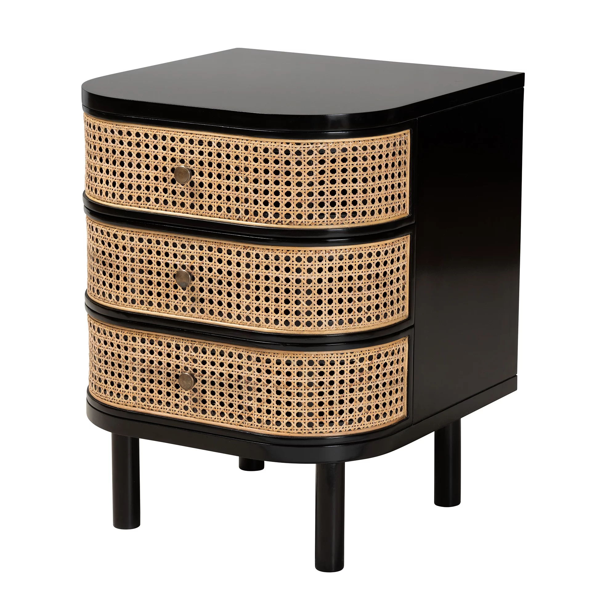 bali & pari Nabila Modern BoHo Black Bayur Wood and Natural Rattan 3-Drawer End Table Nightstand