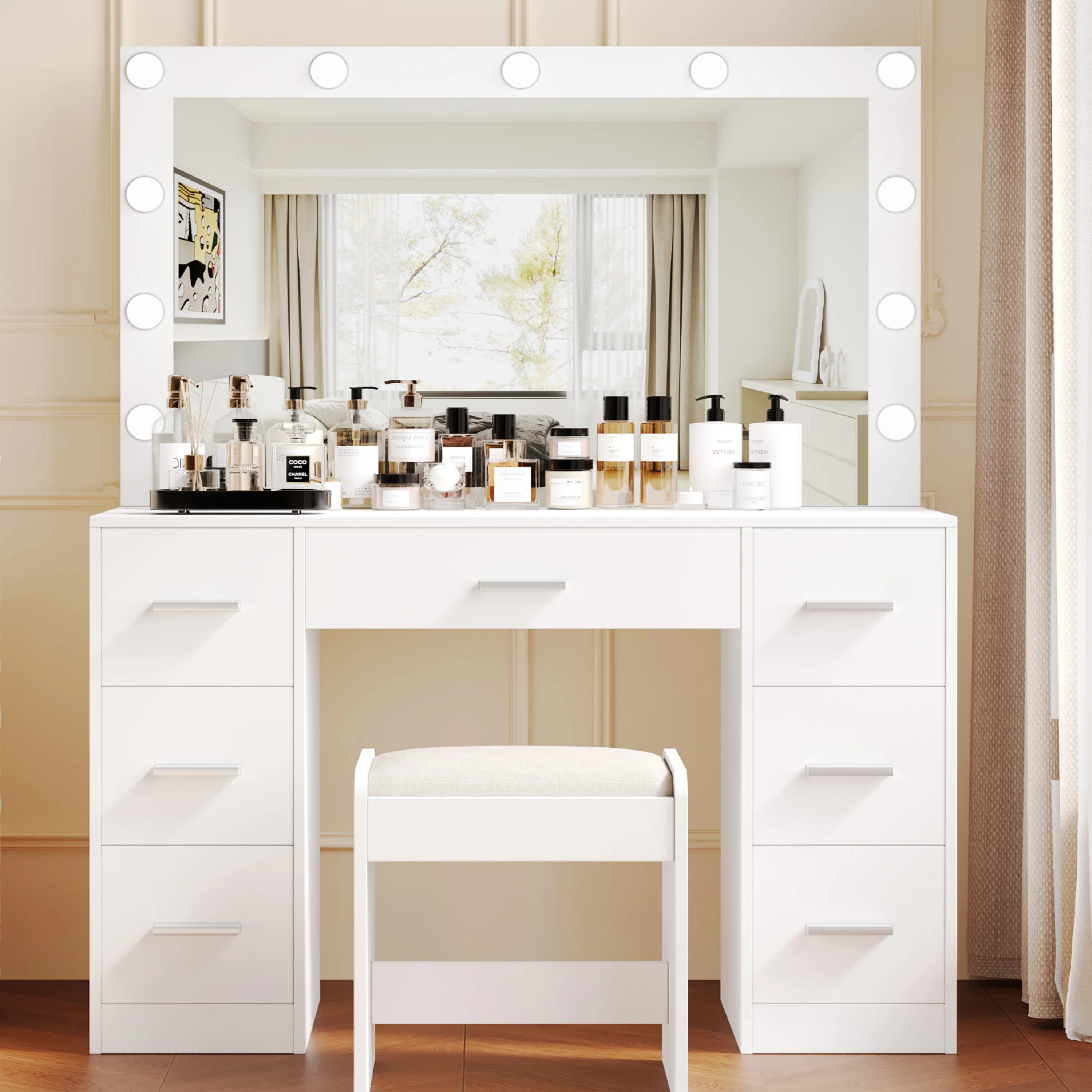 Vanity Desk Set with 3 Color Adjustable Lighted Large Mirror & Cushioned Stool, Bedroom Dressing Table with 7 Drawers