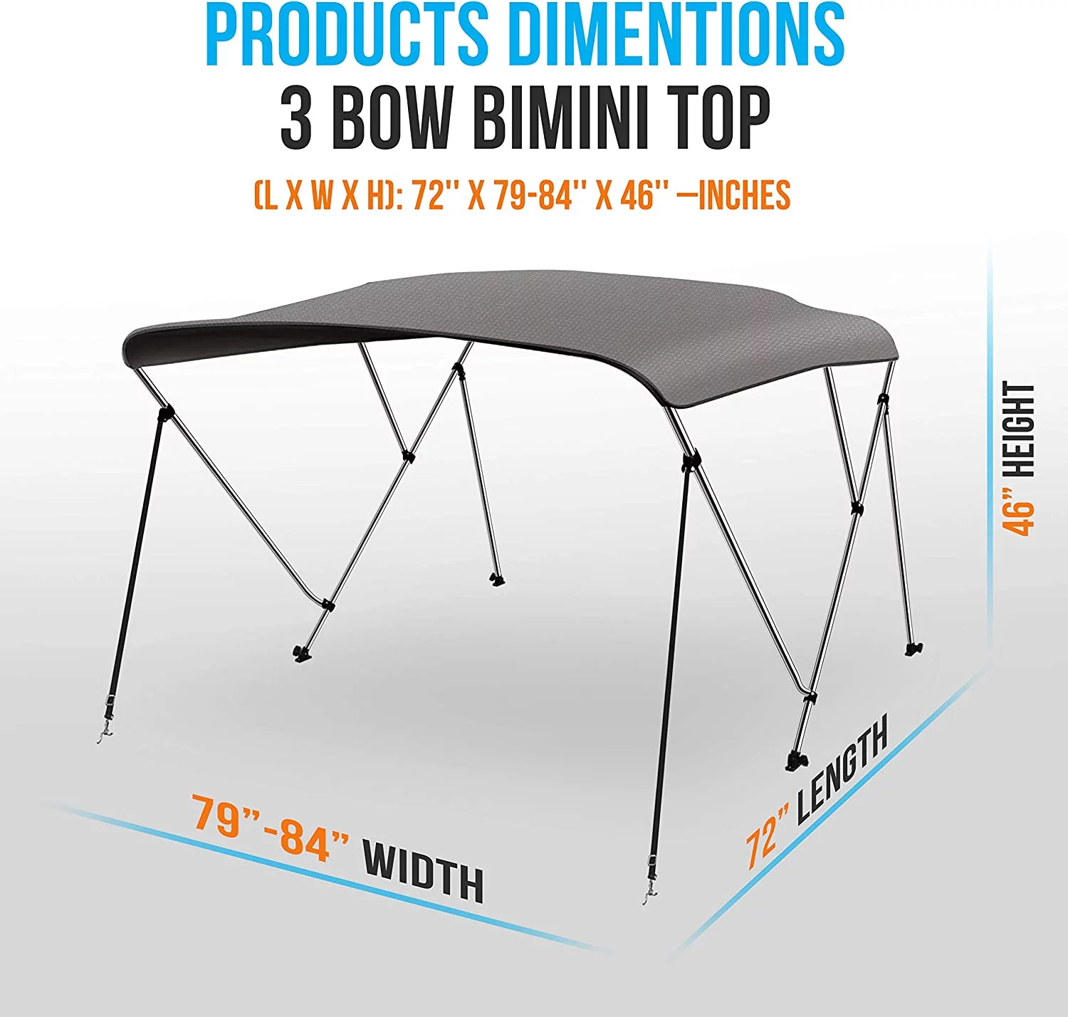 SereneLife 3 Bow Bimini Top - 2 Straps and 2 Rear Support Poles with Marine-Grade 600D Polyester Canvas (Gray)