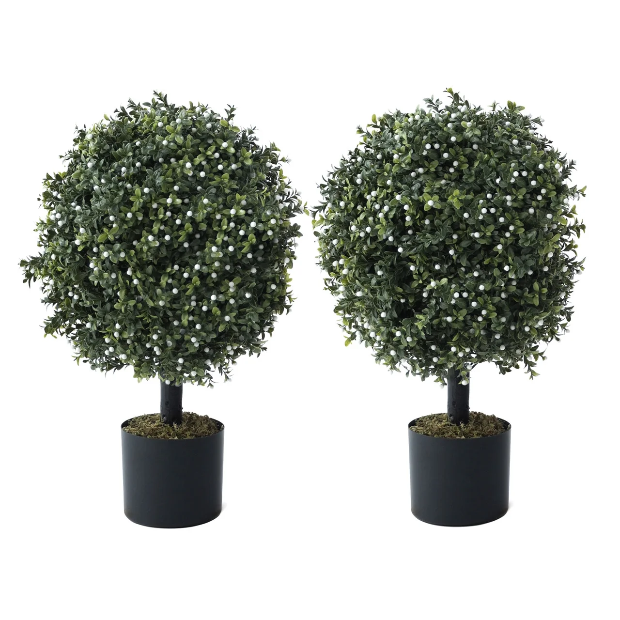 CAPHAUS Artificial Boxwood Topiary Ball Tree Set of 2, Artificial UV Resistant Bushes, Faux Potted Tree, Plant in Pot w/ Dried Moss, Fake Shrubs for Indoor, Front Porch, Outdoor, w/ White Flower