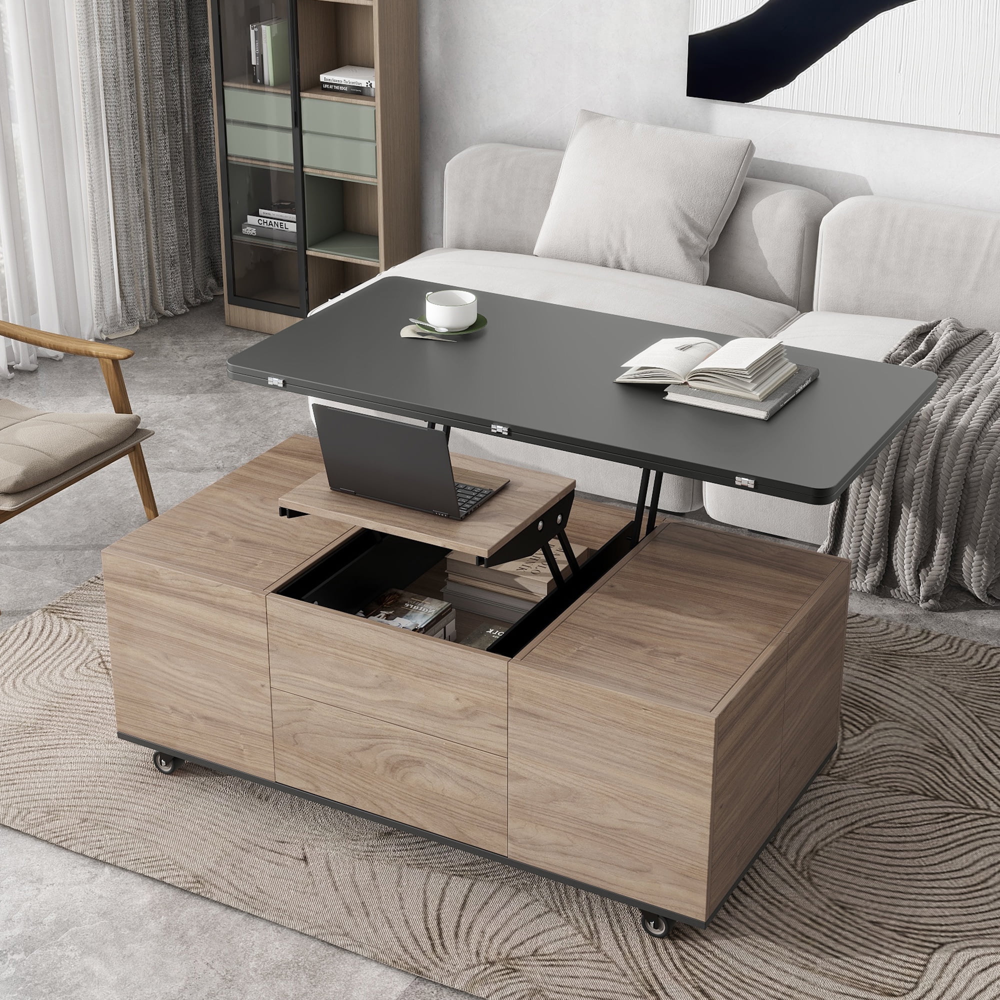 Churanty Lift Top Coffee Table with Storage Drawers Convertible Coffee Table Extendable Top to Dining Table for Living Room