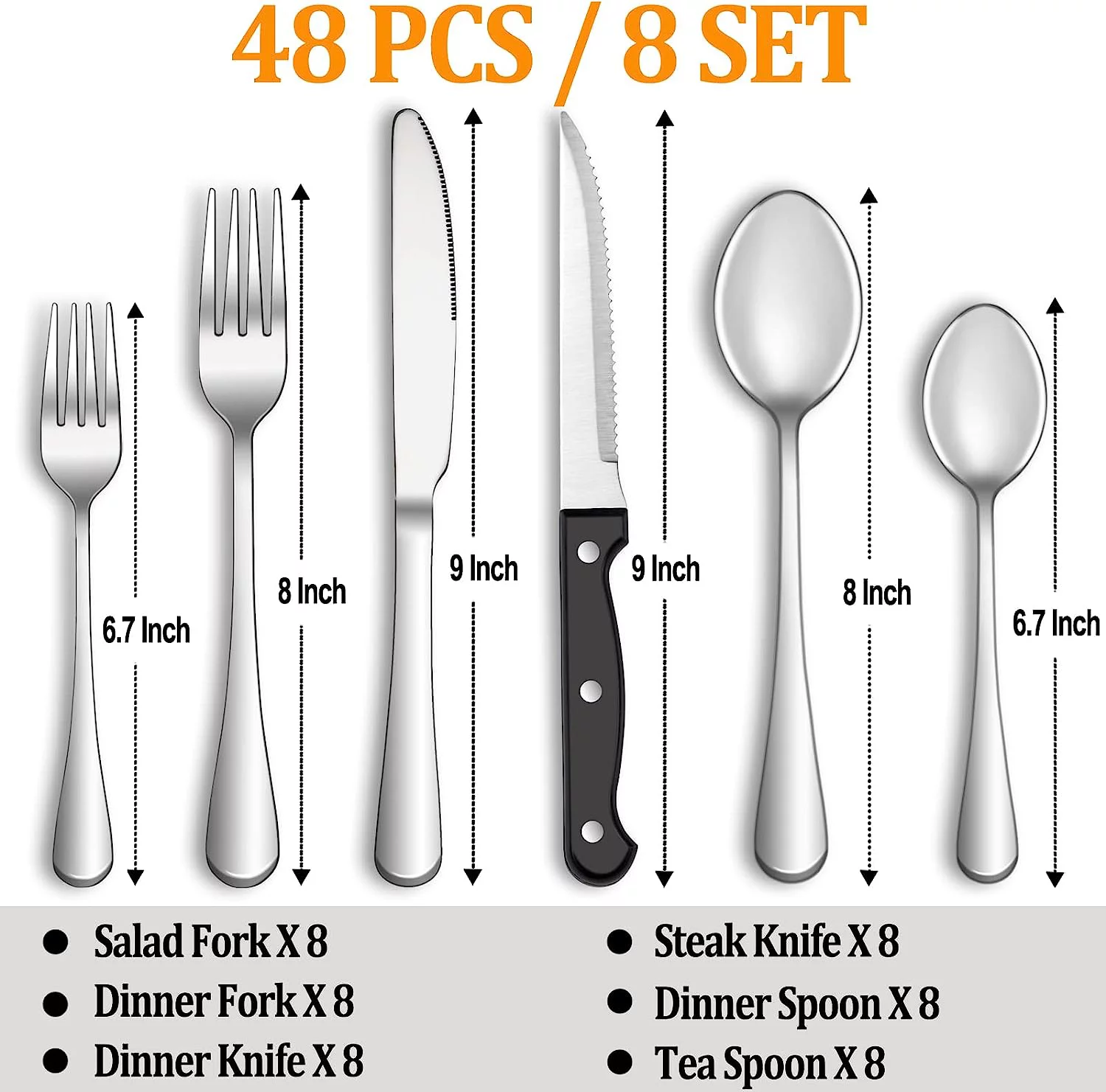 48 Pcs Silverware Set with Steak Knives Service for 8,Stainless Steel Flatware Set,Mirror Polished Cutlery Utensil Set,Home Kitchen Eating Tableware Set,Include Fork Knife Spoon Set,Dishwasher Safe