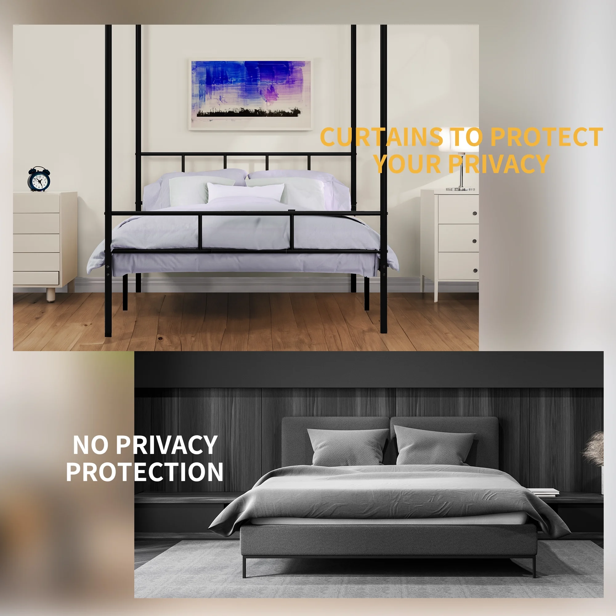 Dextrus Queen Size Bed Frame, Metal Canopy Four Poster Bed Frame with Built-in Headboard Strong Metal Slat Mattress Support, No Box Spring Needed, Black