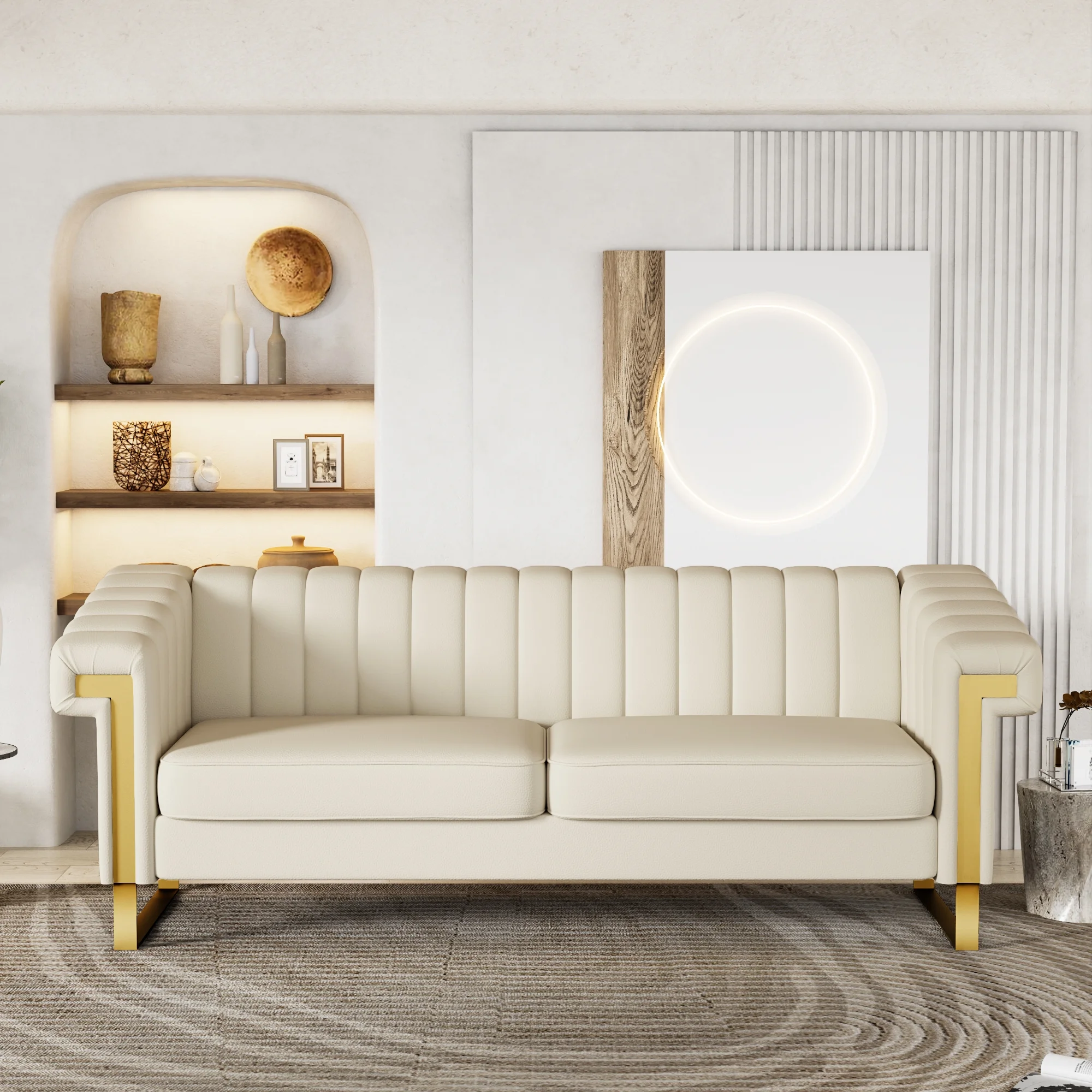 Chesterfield 3 Seater Faux Leather Sofa, Upholstered Couch with Removable Cushions and Gold Metal Legs for Living Room Office Apartment