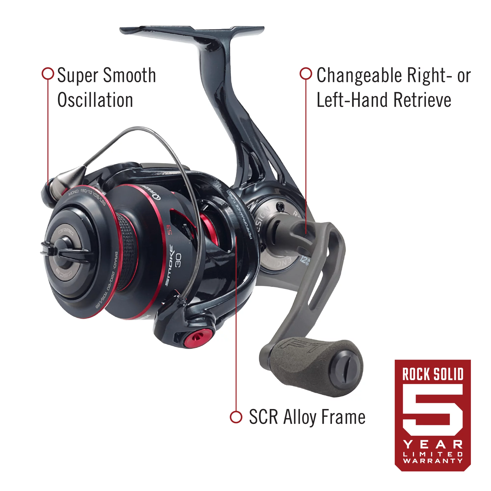 Quantum Smoke Spinning Fishing Reel, Size 30 Reel, Changeable Right- or Left-Hand Retrieve, Continuous Anti-Reverse Clutch with NiTi Indestructible Bail, SCR Alloy Frame, 6.0:1 Gear Ratio, Black