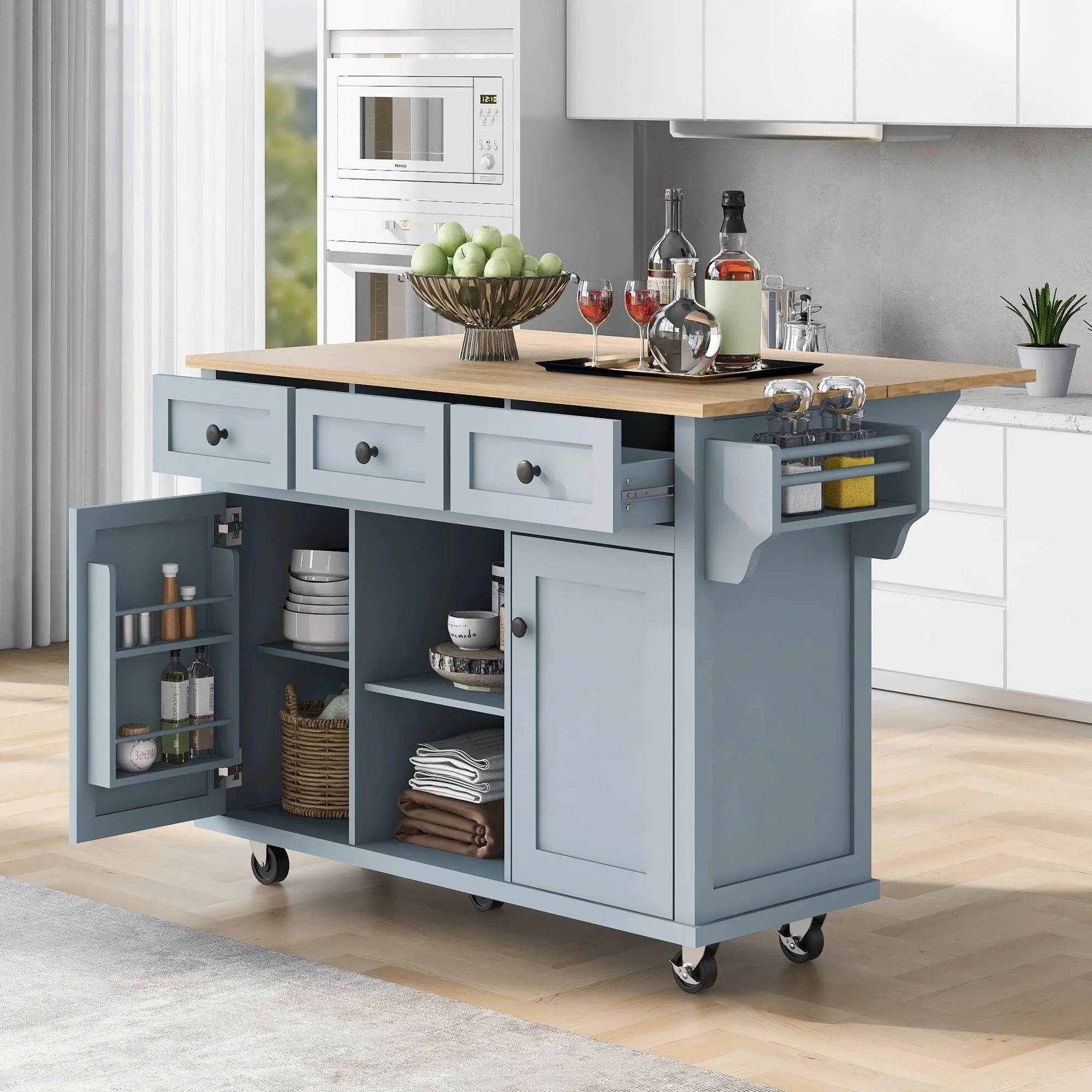 Kitchen Island Cart on Wheels Portable Kitchen Cart with Drop Leaf Rolling Serving Utility Trolley Cart with Storage Cabinet and 3 Drawers, Kitchen Serving Cart for Dining Room, Bar