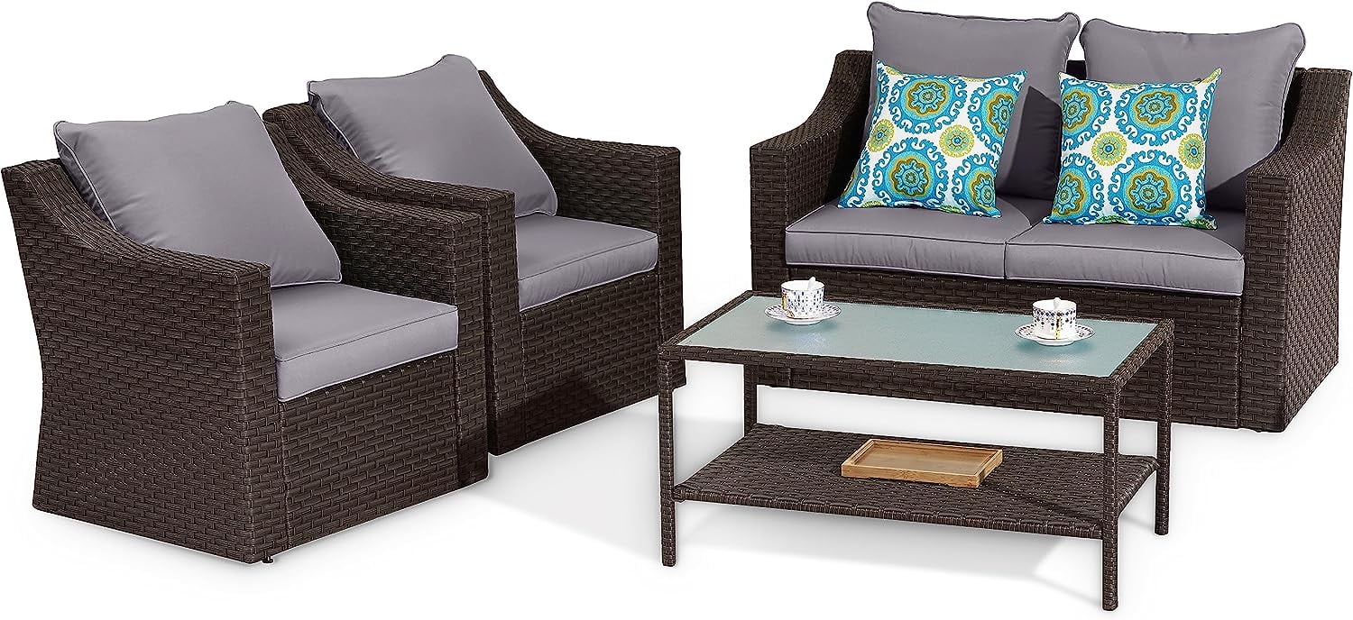 CozyHom 5 Pcs Outdoor Patio Wicker Furniture Sofa Set Clearance Rattan Sectional Conversation Couch Set With Table and Cushions, Grey