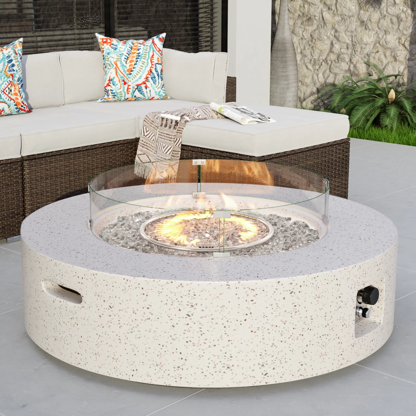 COSIEST Outdoor Propane Fire Pit Coffee Table w Terrazzo White 40.5-inch Round Base Patio Heater, Wind Guard, Transparent Gray Fire Glass, Rain Cover