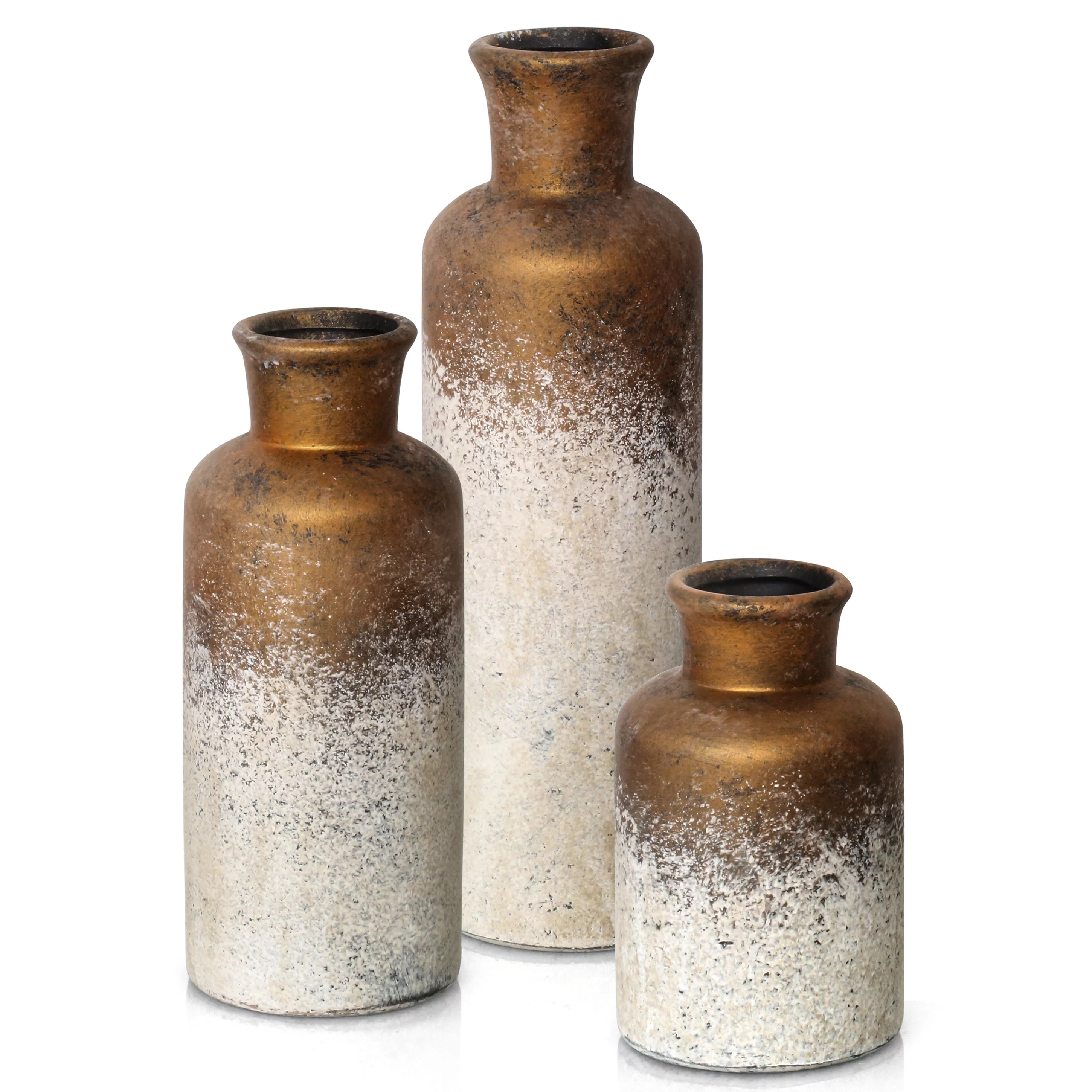 PARMPH Ceramic vase Set of 3 Design for Home Décor, Modern Farmhouse Vases Small Large Vintage Rusty Gold Ceramic Vase Set for Living Room Table, Mantle, Bookcases, Fireplace, Entrance Decor Floral