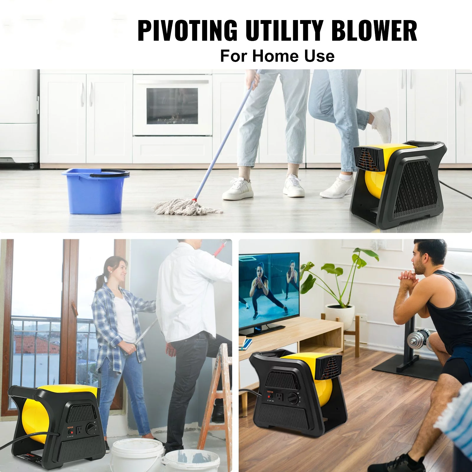 BENTISM 600 CFM 3-Speed Floor Blower Fan, Pivoting Utility Fan, Portable Air Mover Floor Carpet Dryer w/ Timer and Power Outlet for Home