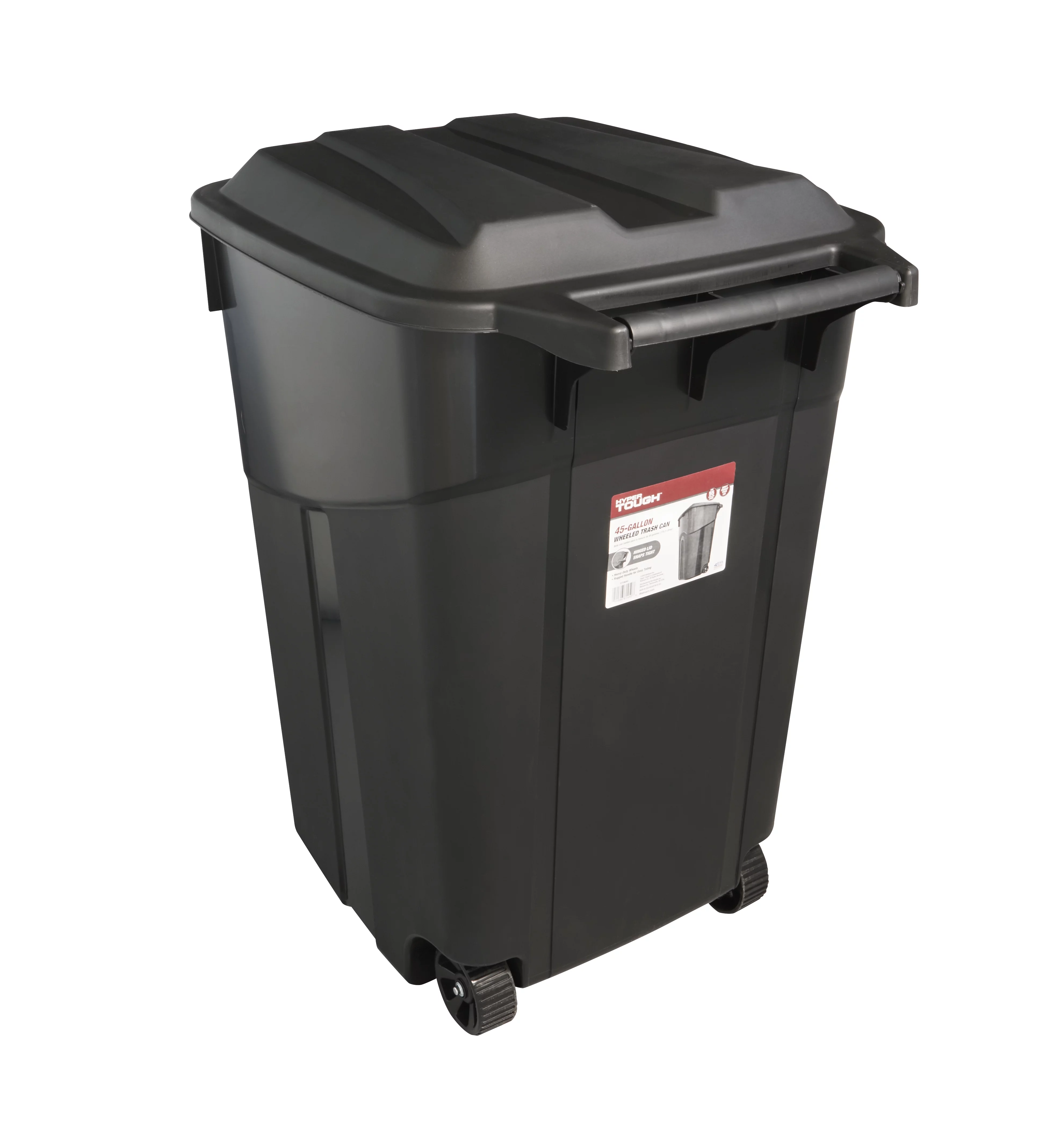 Hyper Tough 45 Gallon Wheeled Heavy Duty Plastic Garbage Can, Attached Lid, Black