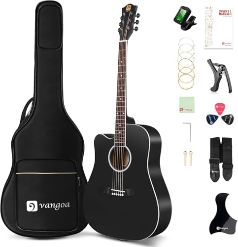 Vangoa 4/4 Acoustic Guitar for Beginner Adult Full Size Dreadnought Acustica Guitarra Bundle Kit Cutaway Starter Folk Guitar Set with Gig Bag, Picks, Strings, Capo, Tuner, Strap, Pickguard, Black