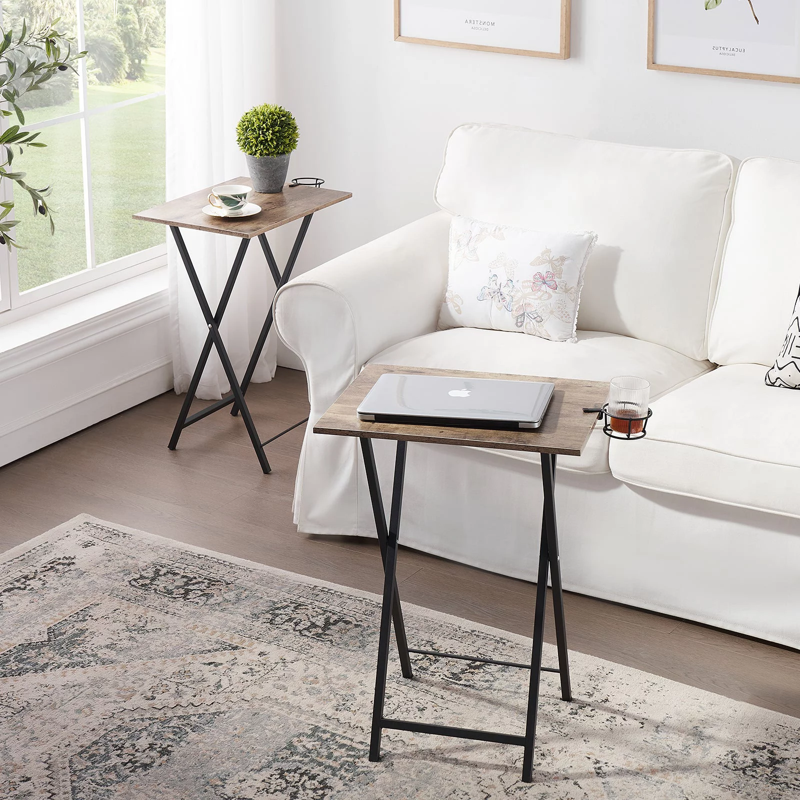 VECELO Set of 2 Folding TV Tray Table, Portable Snack Eating Tables with Cup Holder, Dinner Tray for Couch, Kitchen, Living Room and Bedroom, Grey