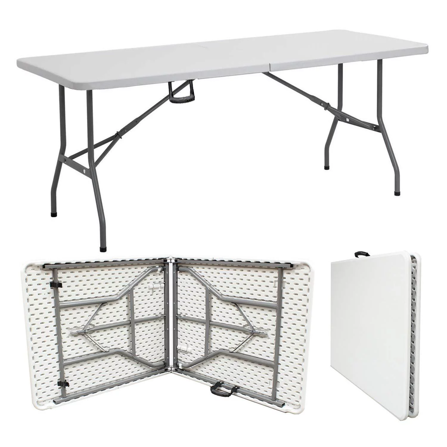 CozyBox 6ft Plastic Folding Table Centerfold Picnic Table, Bi-Fold White Plastic Table for Tailgating Camping and Outdoor (4ft,6ft,8ft)