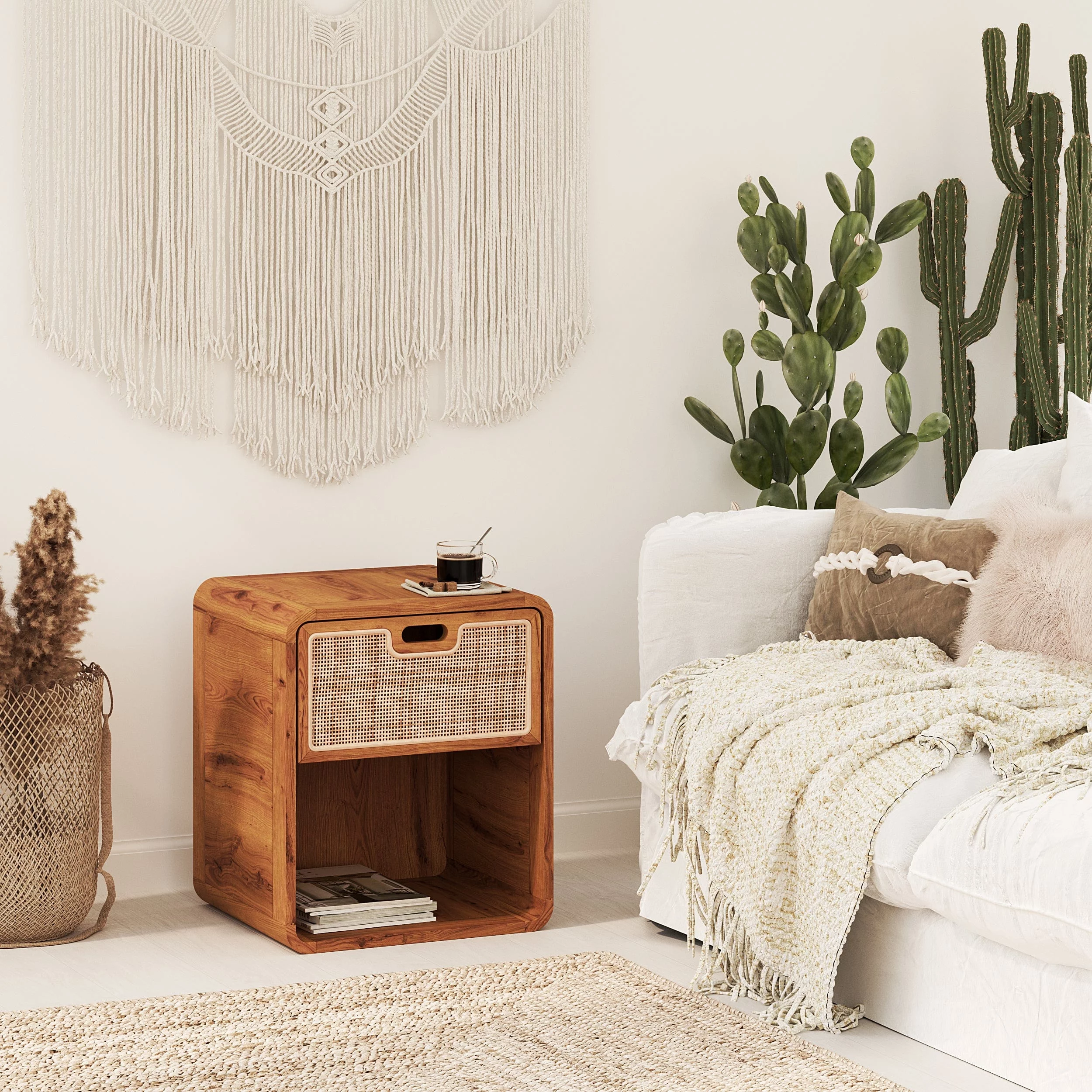 MOJO BOUTIQUE Solid Wood Vintage Nightstand, 100% Handmade Sustainable Teak Wood Bedside Table (18.1