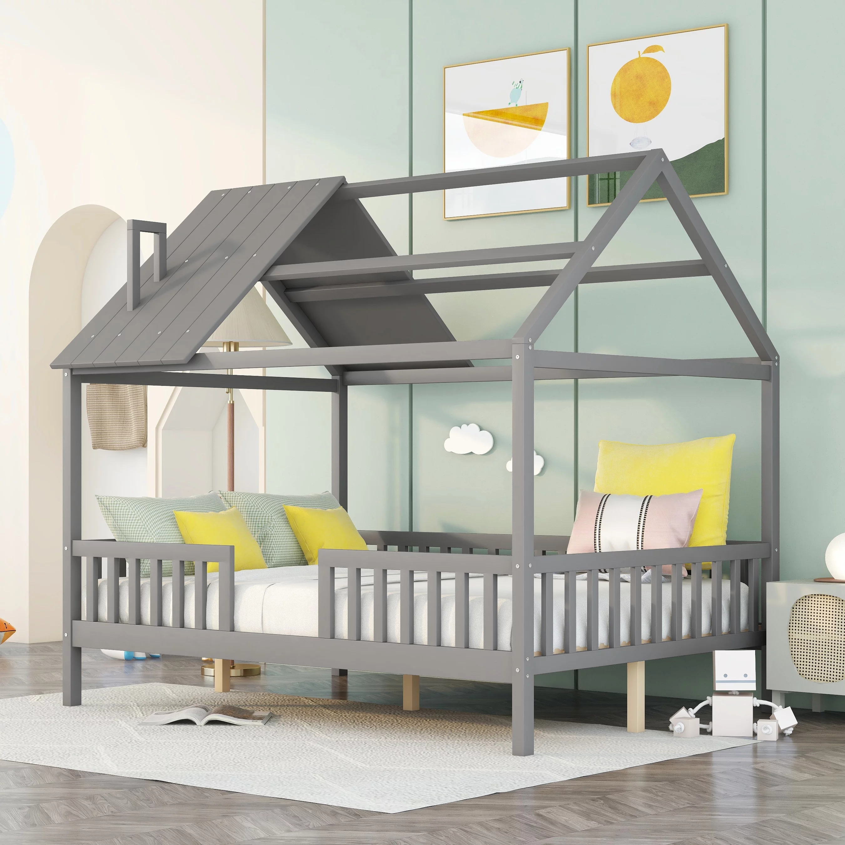 Bellemave Full House Bed of Kids, Full Size Wood Bed Frame with Roof and Fence, Montessori Beds Frame for Toddlers Girls Boys, No Box Spring Needed (Gray)