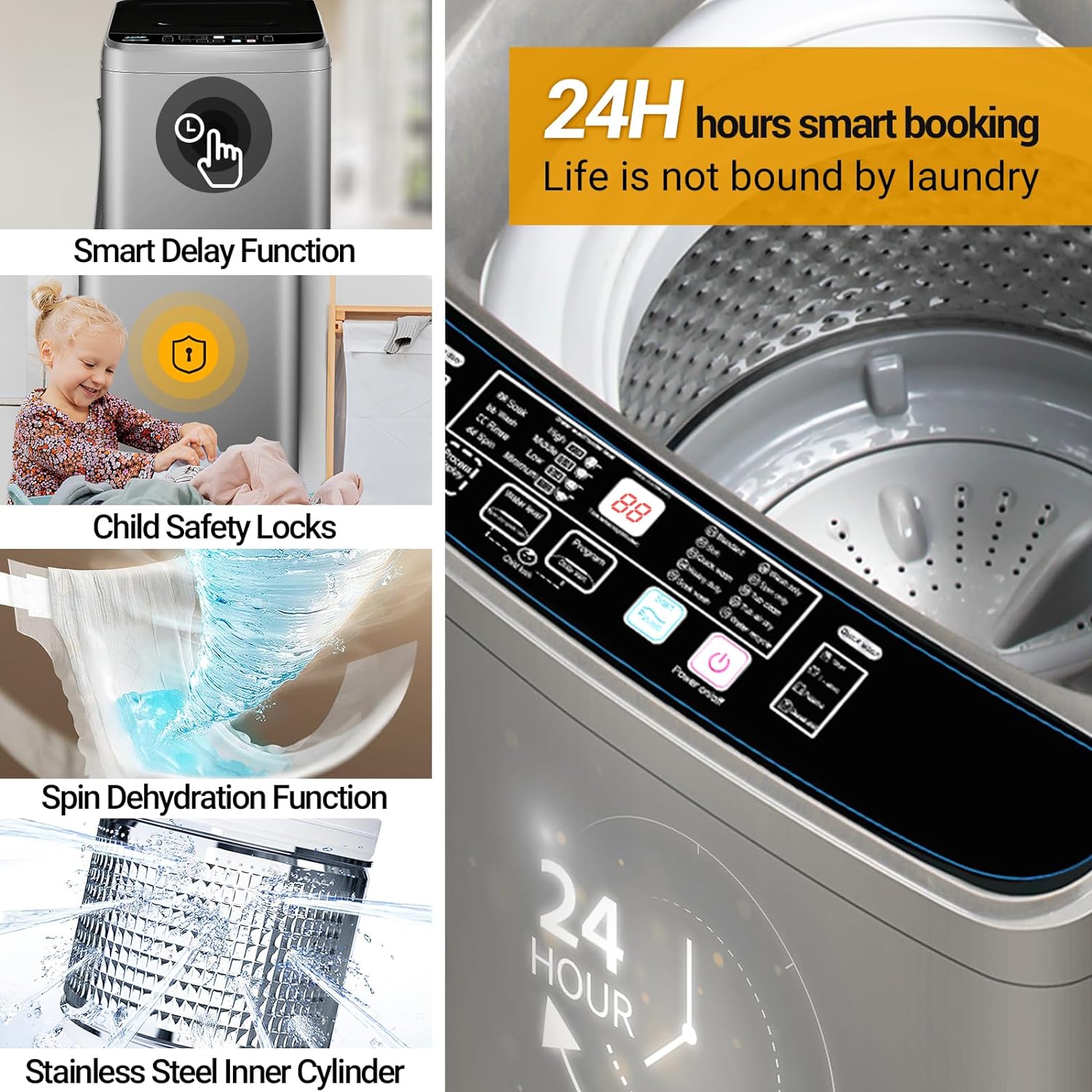 Full-Automatic Washing Machine 19.5lbs Portable Washer with 10 Programs & 8 Water Levels, Compact Washing Machine with Led Display & Drain Pump, Portable Washer and Spin for Dorm Apartment Home (Grey)