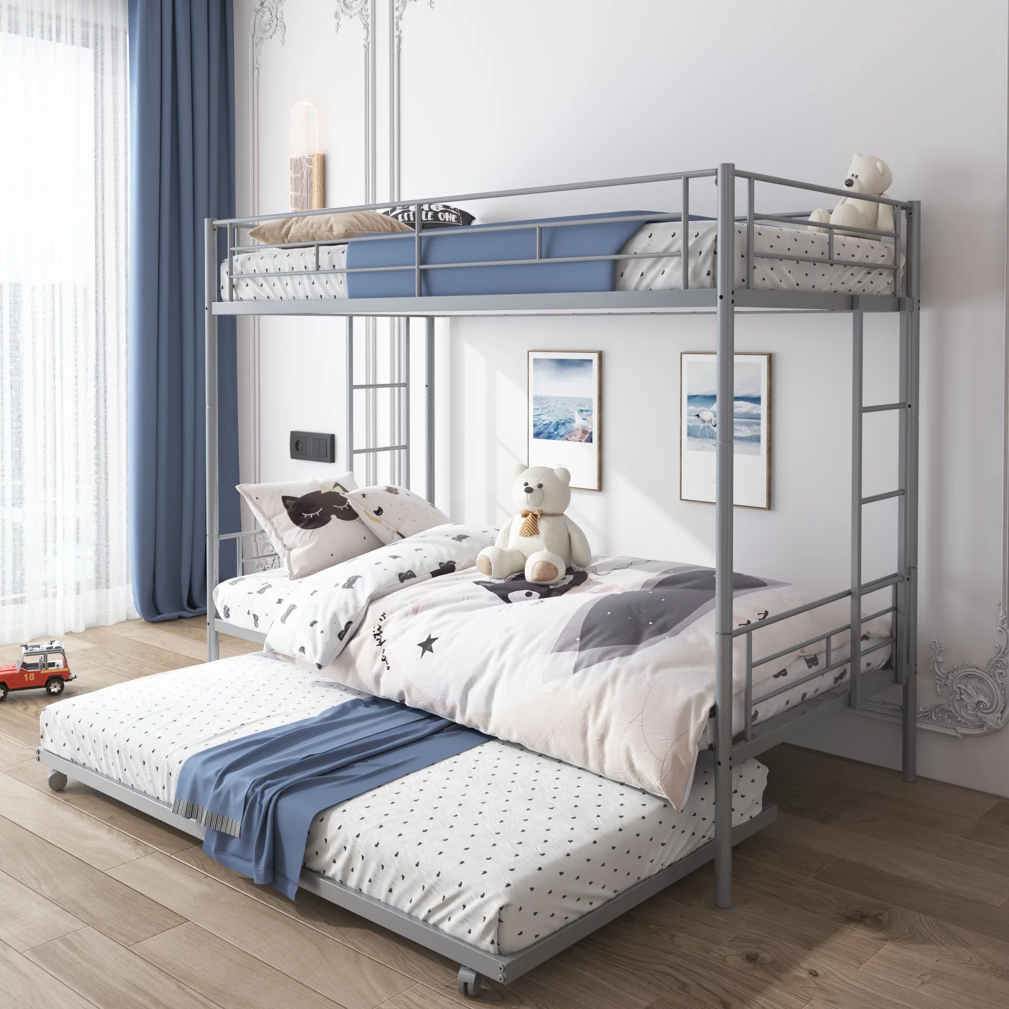 paproos Silver Twin Over Twin Bunk Bed with Trundle, Metal Bunk Bed Frame with 2 Side Ladders and Safety Guardrail, Can be Convertible to 2 Beds, Modern Space Saving Twin Size Bunk Bed for Kids