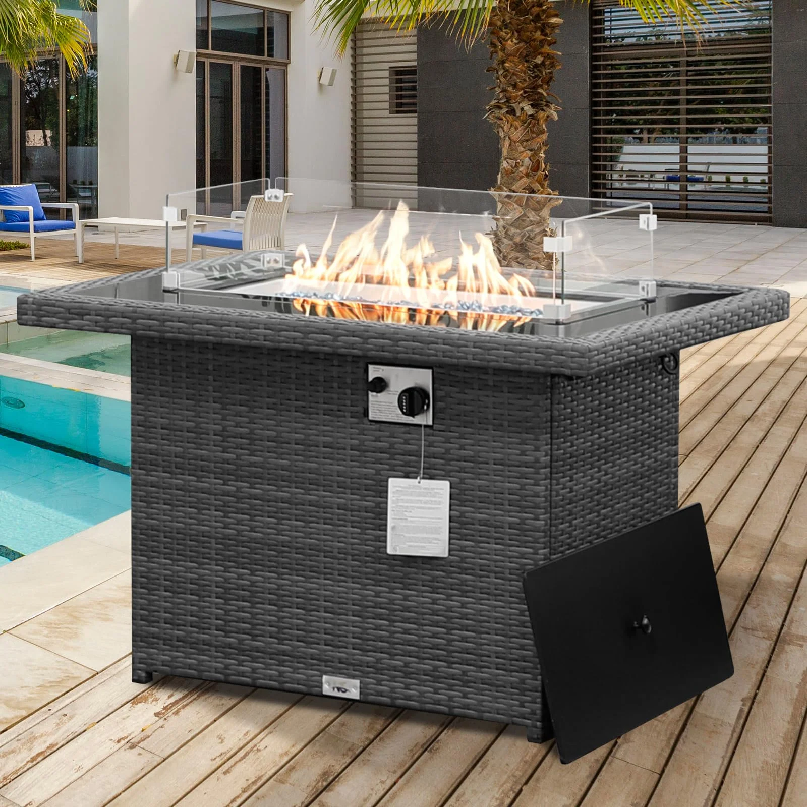 NICESOUL Outdoor 43'' Rectangular Gray Wicker Propane Fire Pit Table 55,000 BTU Output Safe Certified