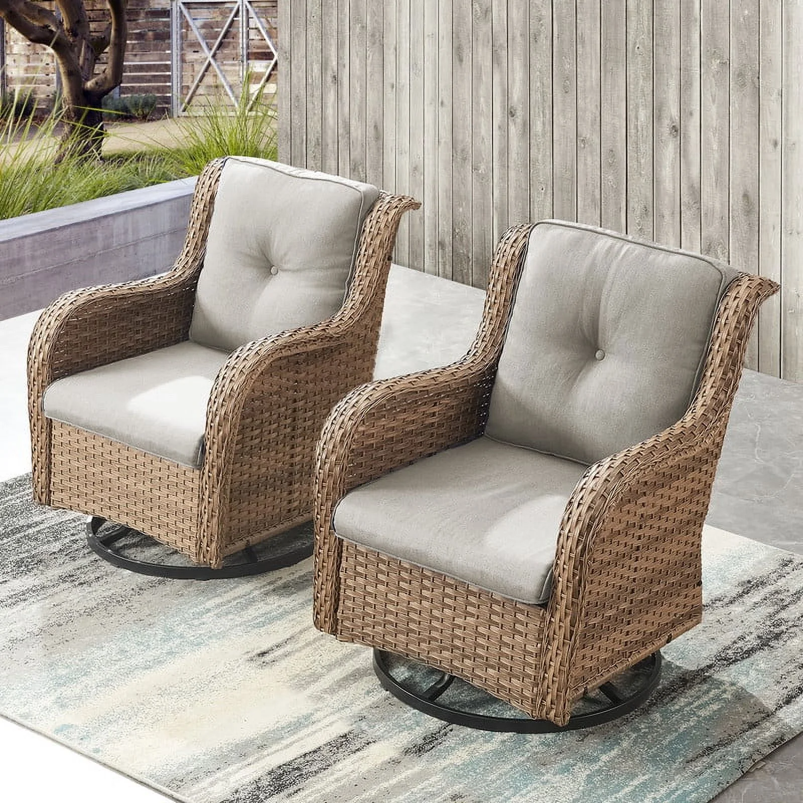 PARKWELL 2PCS Outdoor Swivel Gliders - Patio Wicker Bistro Furniture Set for Porch Balcony Backyard - Beige Cushioned Swivel Rocking Chairs in Yellow Wicker