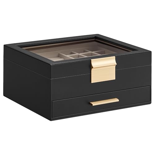 SONGMICS Jewelry Box with Glass Lid, 3-Layer Jewelry Organizer, 2 Drawers, for Big and Small Jewelry, Jewelry Storage, Christmas Gift, 8 x 9.1 x 5.3 Inches, Cloud White and Gold Color UJBC239WT