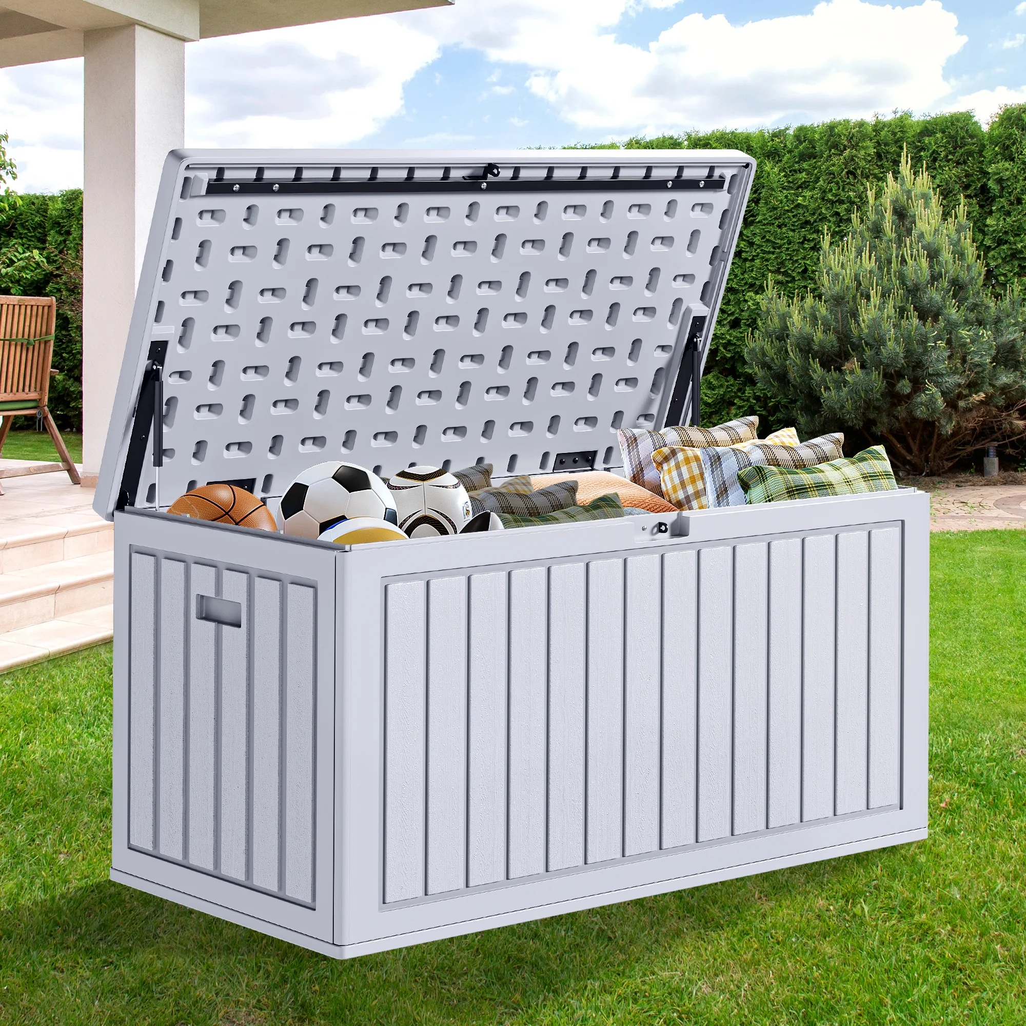 Dextrus 90 Gallon Large Deck Box, Outdoor Storage Boxes for Patio Furniture,  Garden Tools, Lockable & Waterproof (White)