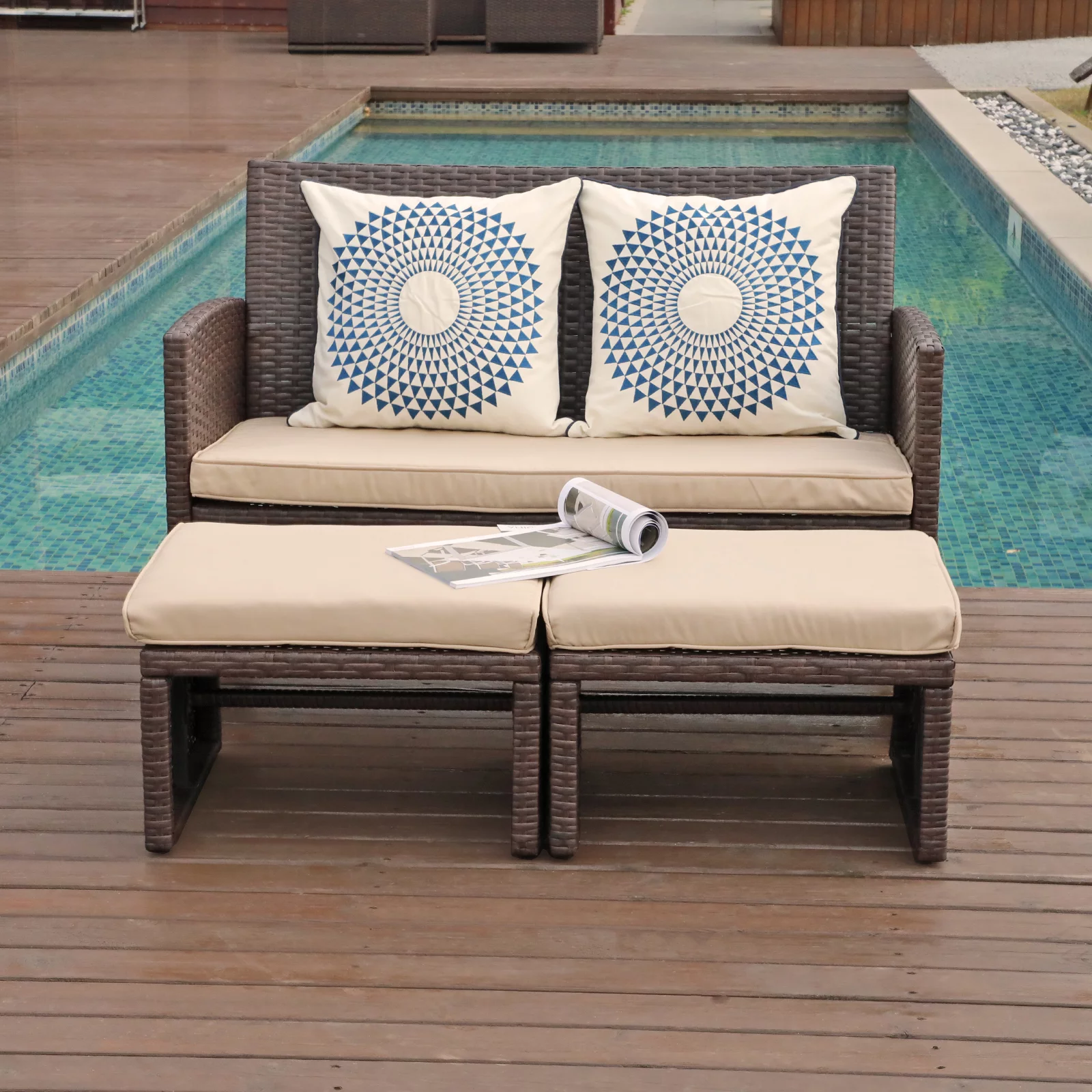 OC Orange-Casual 3 Piece Outdoor Loveseat, Patio Furniture Set, with Ottoman/Side Table, Brown Rattan, Beige Cushion