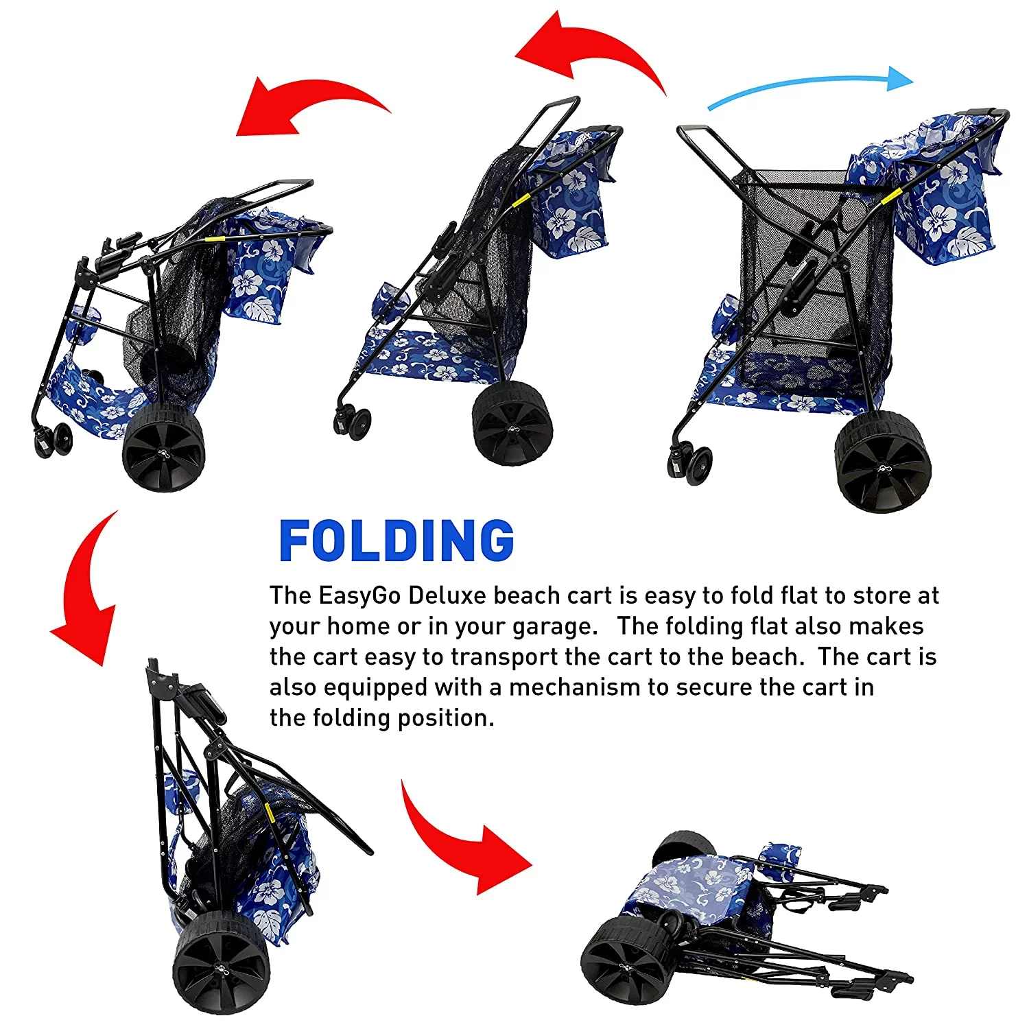 Beach Umbrella Wagon Cart Deluxe  Heavy Duty Folding Ocean Utility Cart  Large Sand Wheels  Holds 4 Beach Chairs  Storage Pouch - Beach Umbrella Holder Removable Beach Bag - Flower