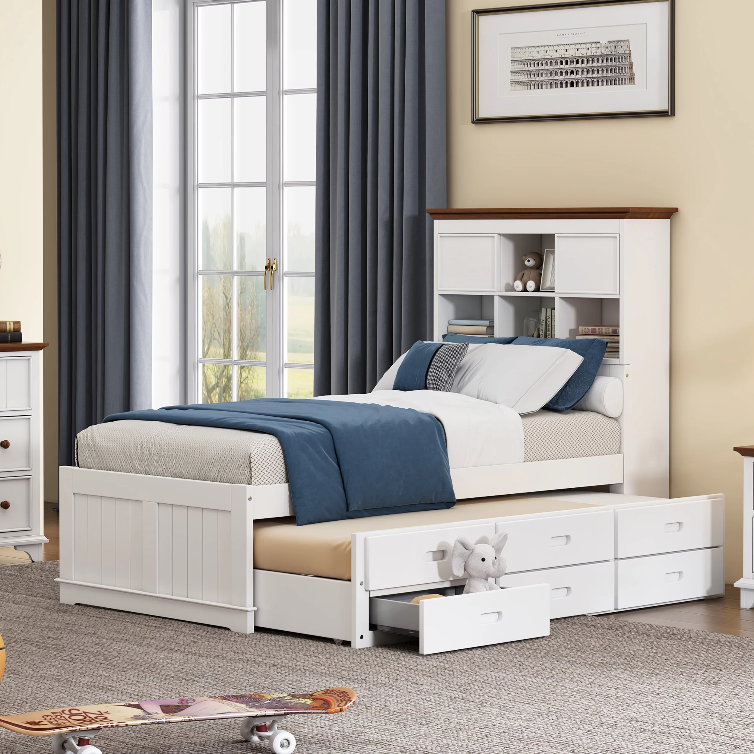 Royard Oaktree Solid Pine Captain Bed with Trundle and Bookcase Wood Platform Bed Frame with 3 Spacious Under Bed Drawers in Casual, Twin, White+Walnut