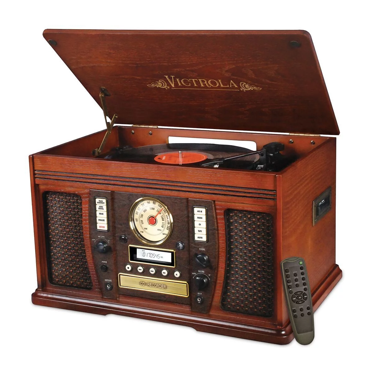 Victrola Aviator 8-in-1 Bluetooth Turntable & Multimedia Center with Built-in Stereo Speakers (Mahogany)