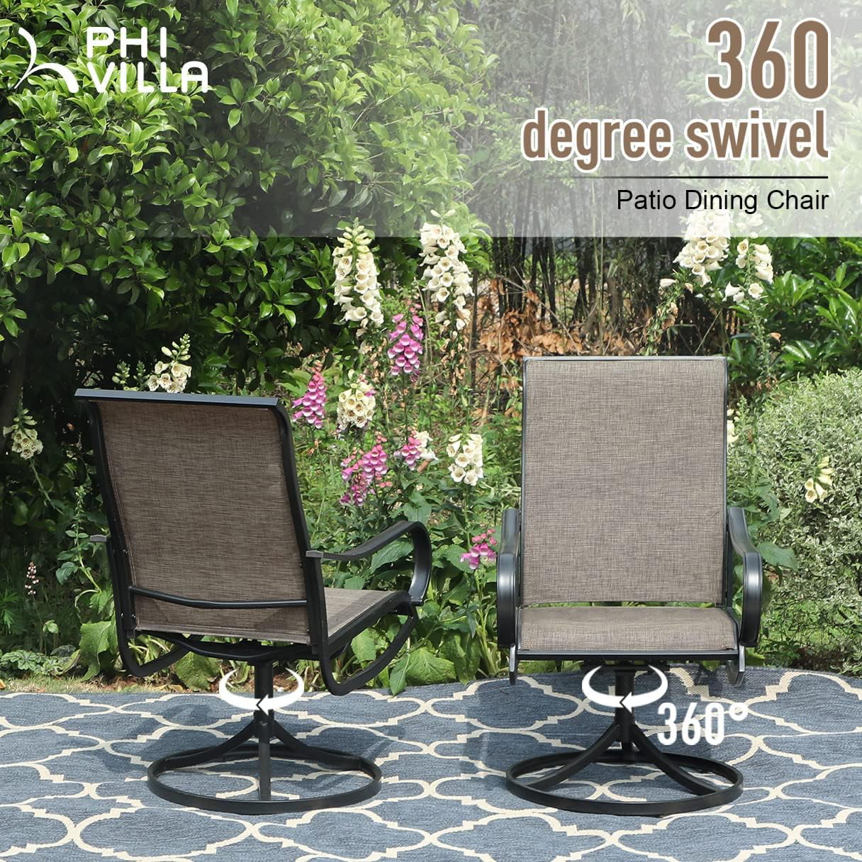 Perfect VILLA Patio Dining Set with Umbrella for 6 Person  1 Large Rectangular Woode-Like Top Table & 6 Swivel Patio Dining Chairs Set with 13ft Outdoor Market Umbrella(No Base)  Beig