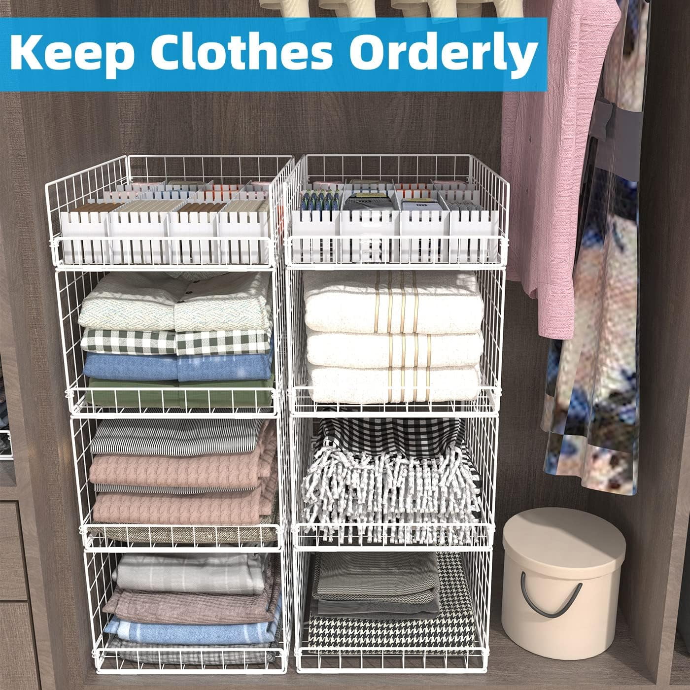 4 Tier Stackable Metal Wire Storage Basket for Closet, Foldable Closet Organizers Storage Box Drawer Shelf with Dividers for Truck Camper RV Closet/Pantries/Wardrobe,White