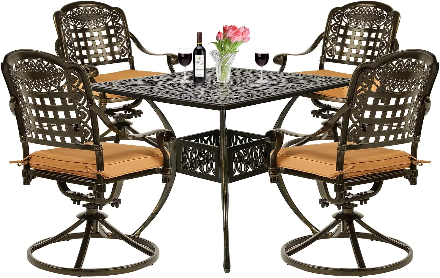 VIVIJASON 5-Piece Outdoor Patio Dining Set, All-Weather Cast Aluminum Conversation Set, Patio Furniture Set for Balcony Lawn Garden, Include 4 Swivel Cushioned Chairs, 1 Square Table w/Umbrella Hole