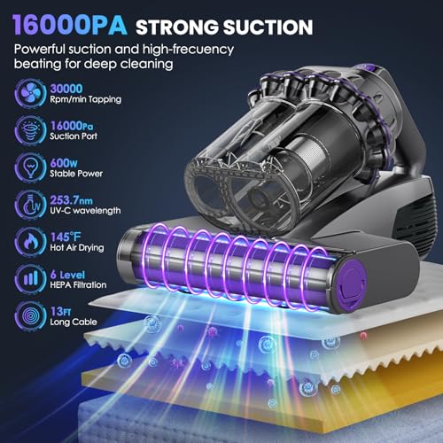 Mattress Vacuum Cleaner, 16Kpa Bed Vacuum Cleaner with 253.7nm UV-C Light, 145°F Heat, HEPA Filter & Ultrasonic, Versatile Handheld Vacuums for Bed, Sofa, Couch, Crib(Corded, 600W)