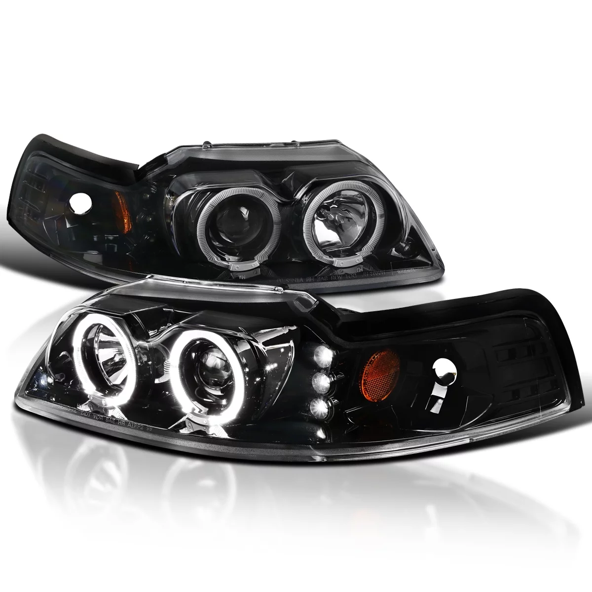 Spec-D Tuning LED + Dual Halo Projector Jet Black Headlights Compatible with 1999-2004 Ford Mustang Left + Right Pair Headlamps Assembly
