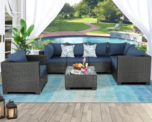 Outdoor Furniture Patio Furniture Sets Conversation Sets Balcony Furniture Outdoor Sectional for Outdoor Indoor Backyard Lawn Garden Porch Poolside (Dark Blue, 6 Pieces Set)