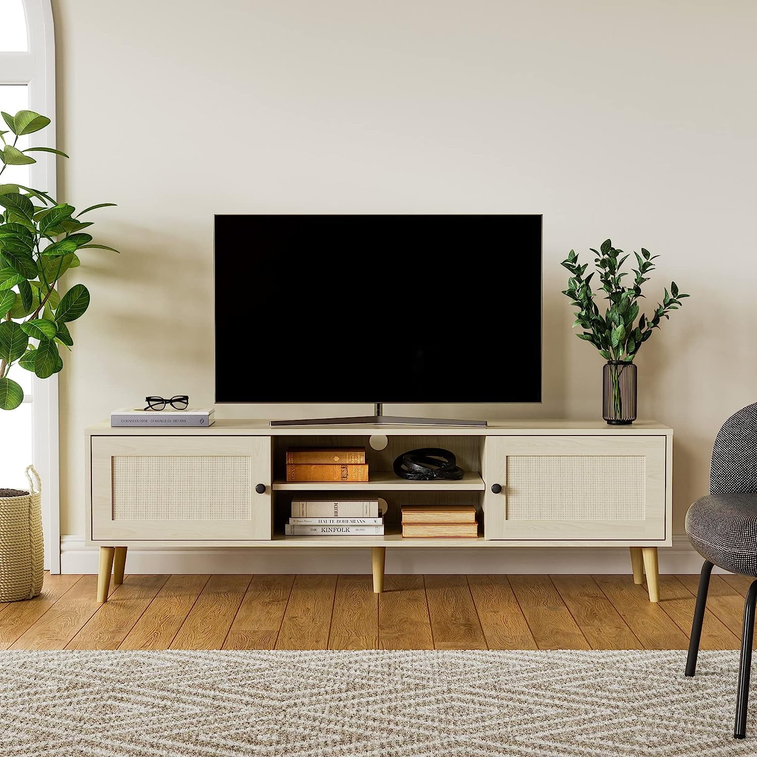 Cozy Castle Rattan TV Stand with Large Storage, 59