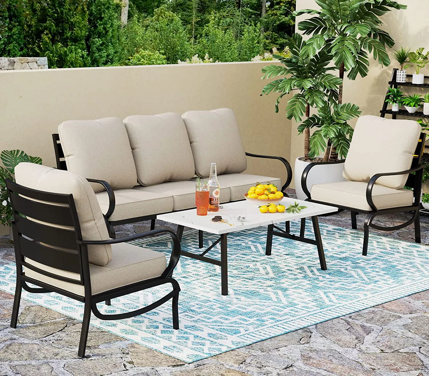 Perfect VILLA 4 Piece Patio Conversation Sets  Outdoor Deluxe Metal Furniture Patio Set with 3 Seater Padded Deep Seating Bench  2 Swivel Cushioned Armrest Sofa Chairs  and 1 Good-Looking