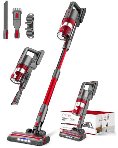 Cordless Vacuum Cleaner, 85,000PRM Upgraded Dual Suction Cordless Stick Vacuum up to 35mins Runtime, Lightweight Rechargeable Vacuum for Home (Shiny Red Black)