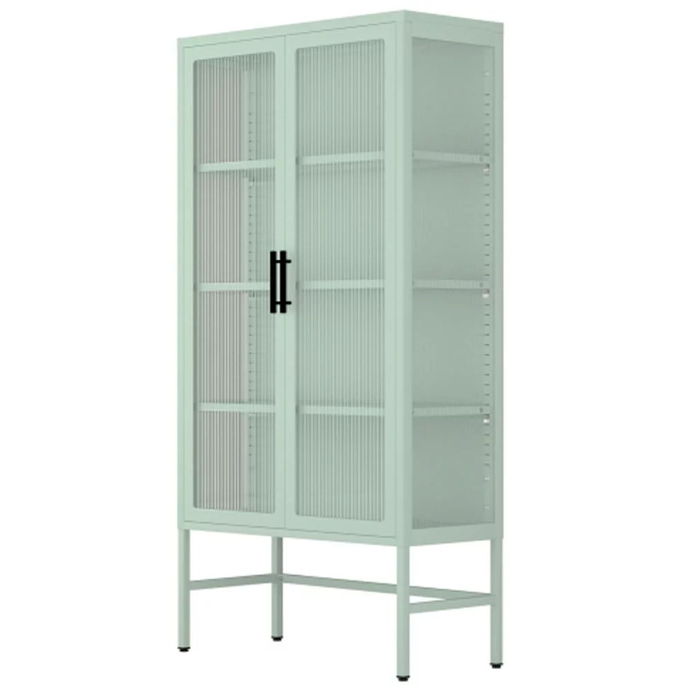 Double Glass Door Storage Cabinet with Adjustable Shelves and Feet Cold-Rolled Steel Sideboard Furniture, Mint green