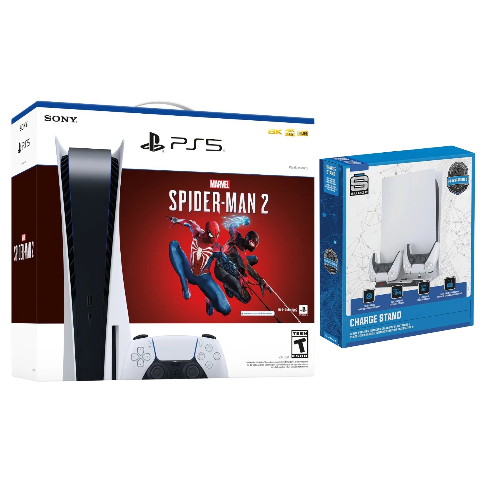 Sony PlayStation 5 Disc Marvel’s Spider-Man 2 Bundle with Surge Charging Stand For PlayStation 5 with Dual Controller Chargers, USB Hub and Cooling Fan