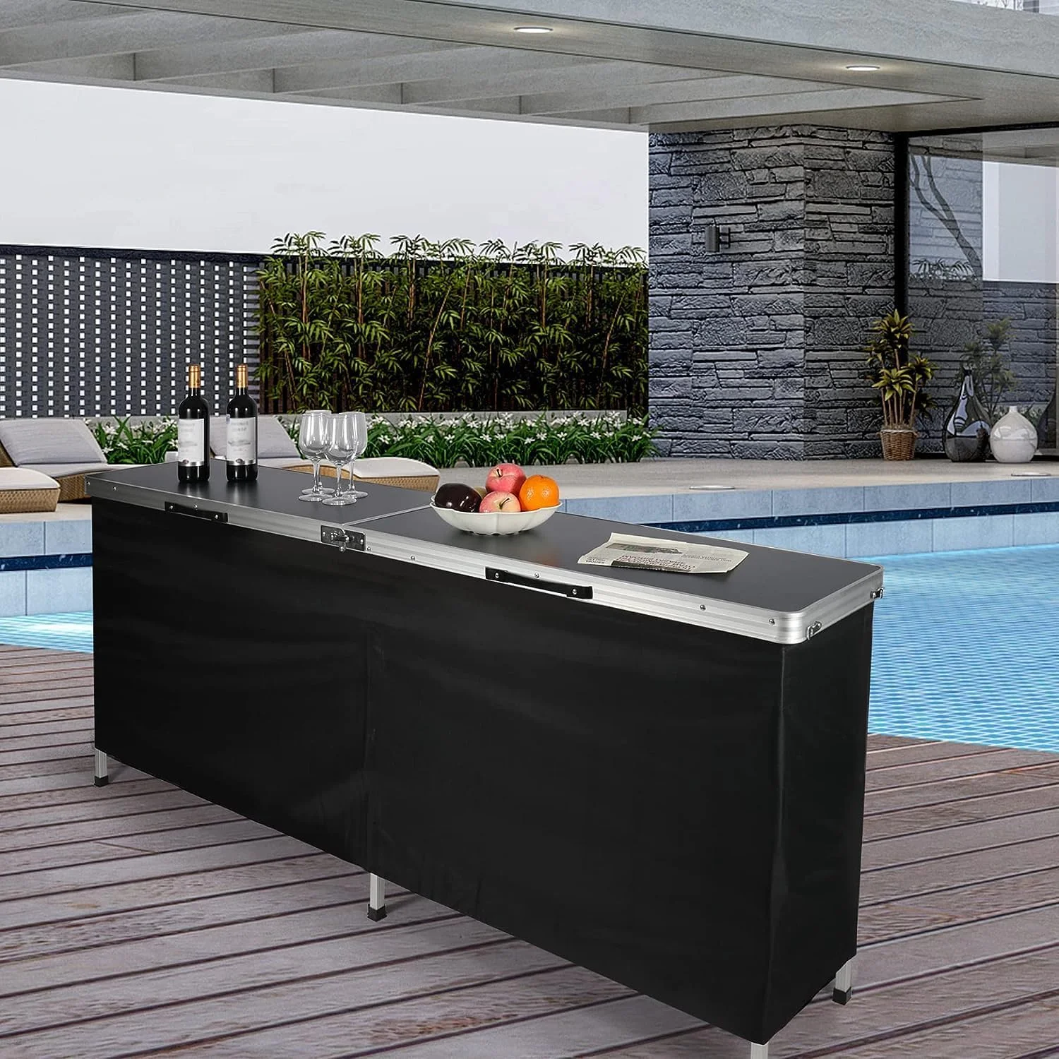 REDCAMP Extra Long Portable Bar Table with Storage Shelf, Pop-up Foldable Party Bar for Indoor Outdoor, Black