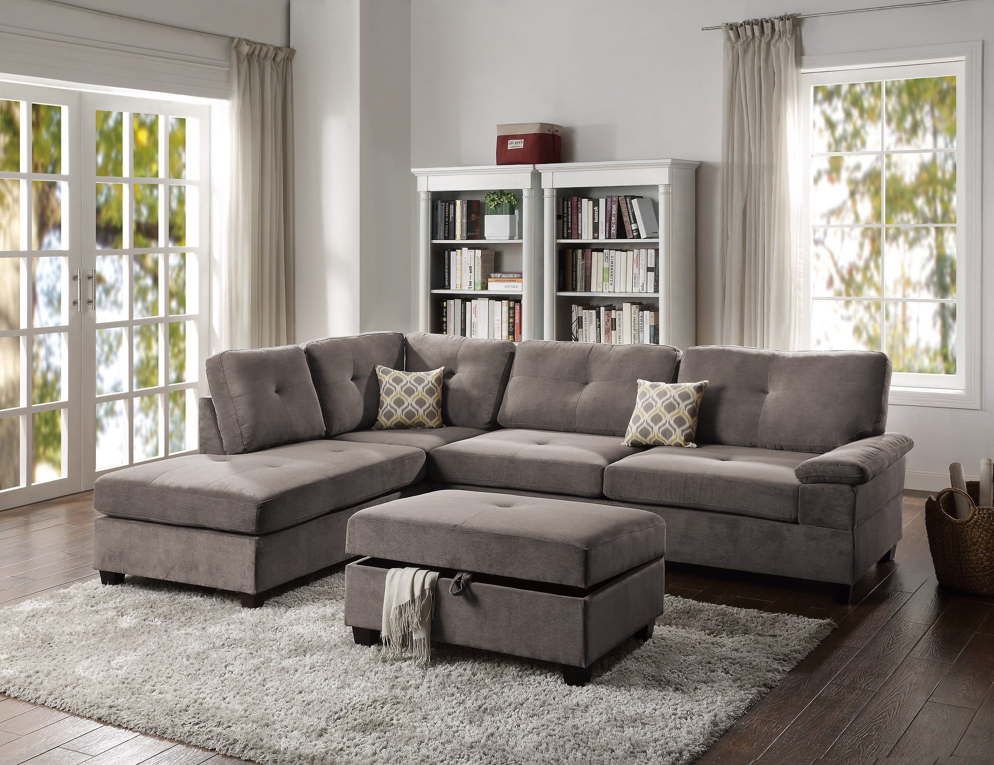 Casual Modern Living Room Reversible L/R Chaise Sofa 2pc Sectional Family Guest Living Room Charcoal Waffle Suede