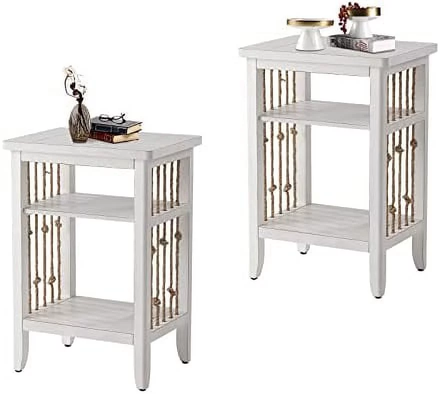 End Table with Draw & Shelf Sets of 2  2 Pieces Bedside Table Sets  2 Tier Wooden Small Side Table with Drawer  Accent Table Nightstand with Real Hemp Rope for Living Room  Bedroom