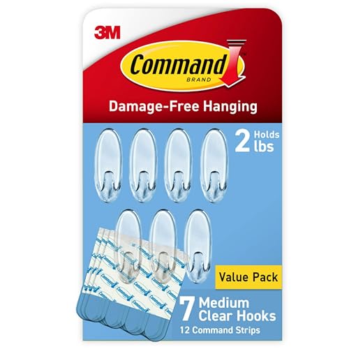 Command Clear Medium Hooks, 7 Hooks, 12 Strips - Easy to Open Packaging, Organize Damage-Free