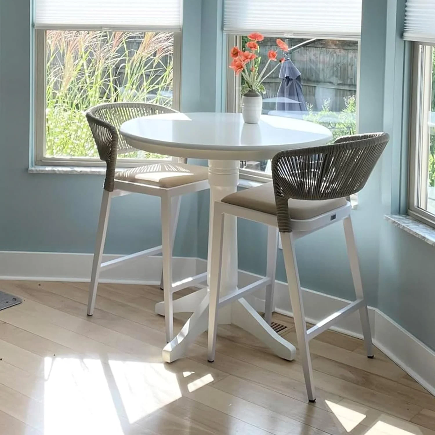 PURPLE LEAF Counter Height Stool Set of 2 Modern Aluminum Rattan Wicker Outdoor Barstools with Backrest and Cushion for Kitchen Lawn Pool Bar Chairs, White